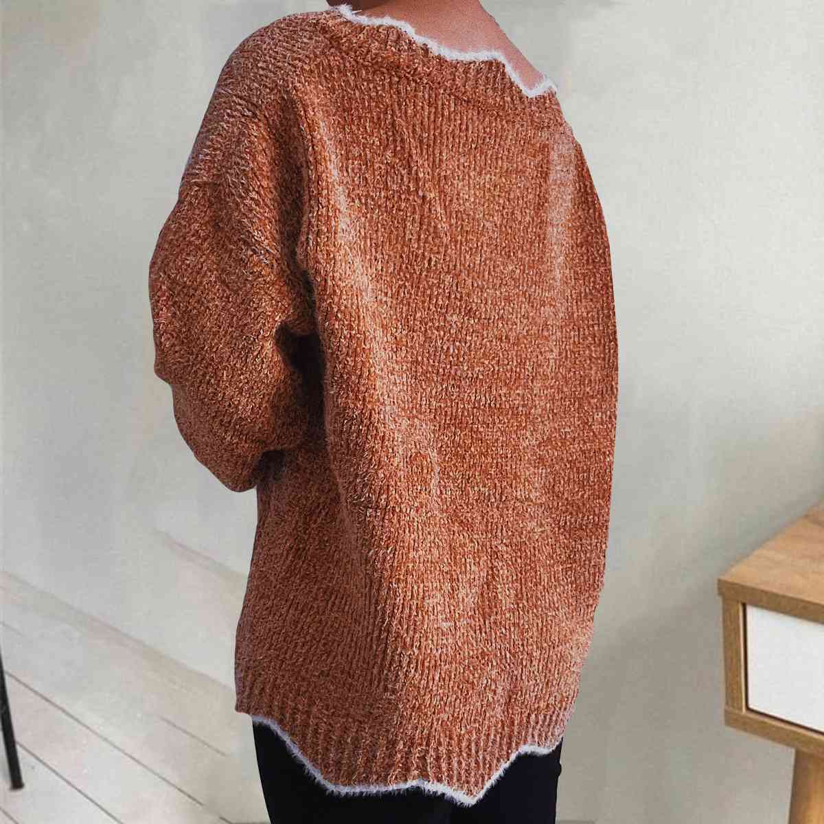 V-Neck Drop Shoulder Long Sleeve Sweater