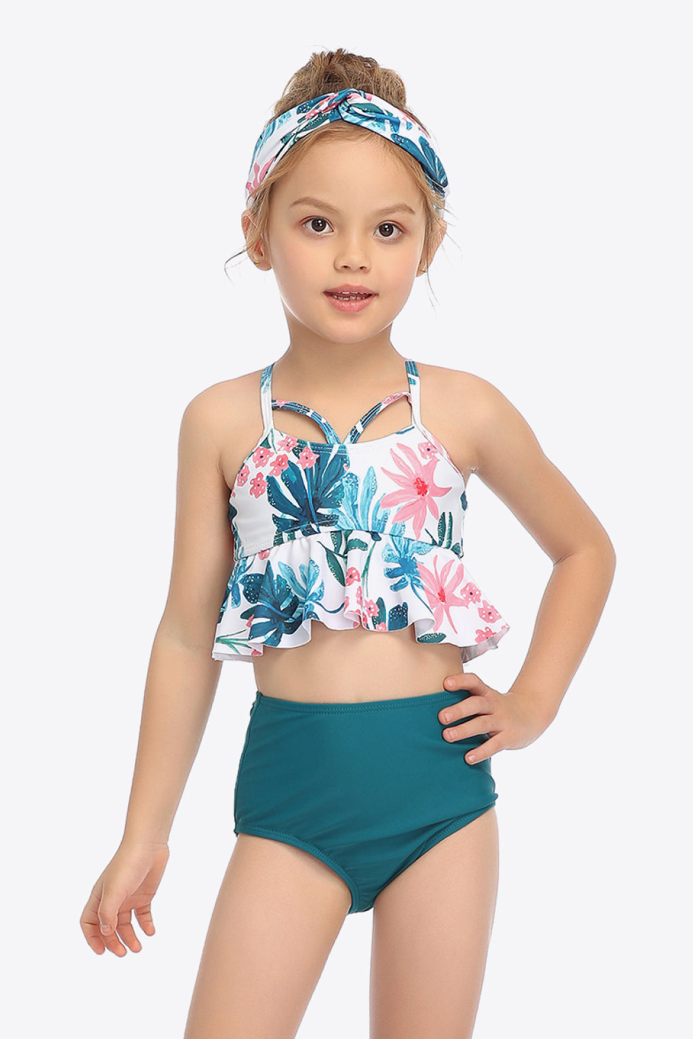 Botanical Print Crisscross Ruffled Two-Piece Swim Set