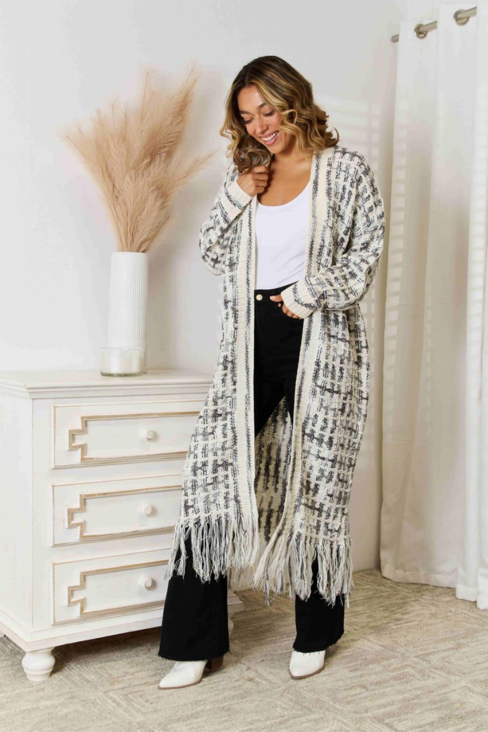 Multicolored Open Front Fringe Hem Cardigan