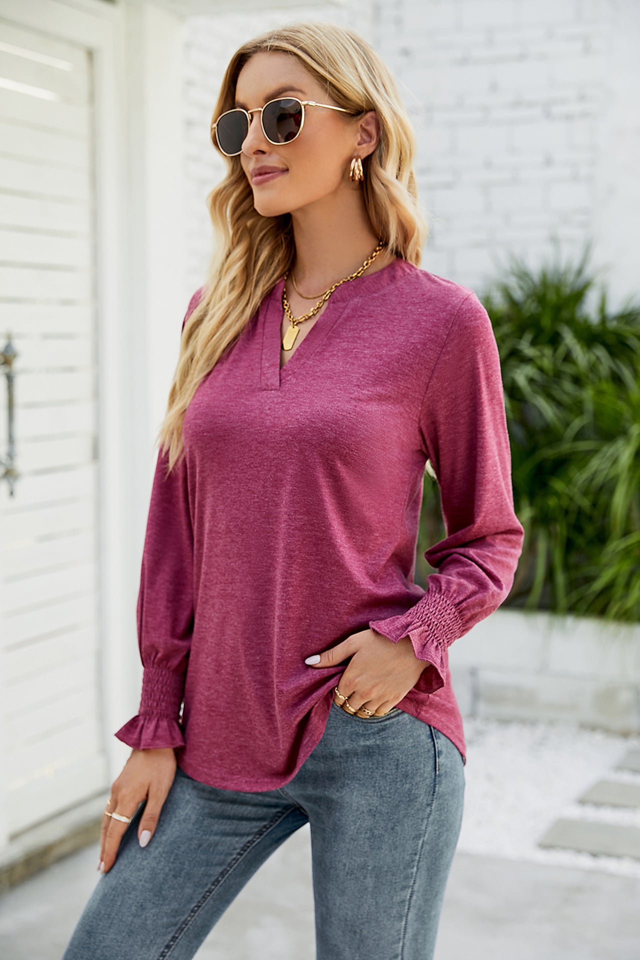 Heathered Flounce Sleeve Curved Hem Top