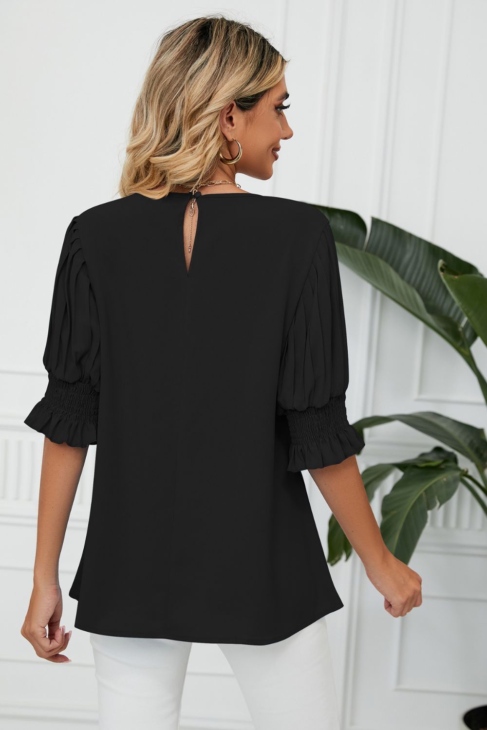 Pleated Flounce Sleeve Keyhole Blouse