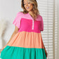 Color Block Buttoned Puff Sleeve Dress