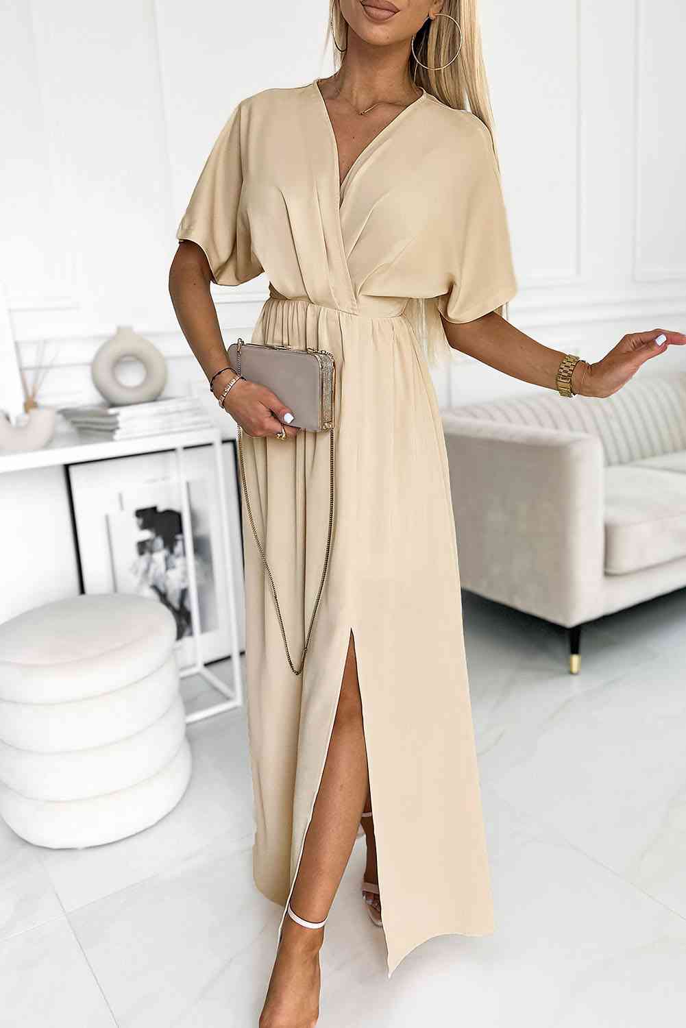 Surplice Neck Slit Maxi Dress