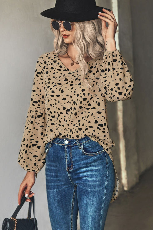 Animal Print V-Neck High-Low Blouse