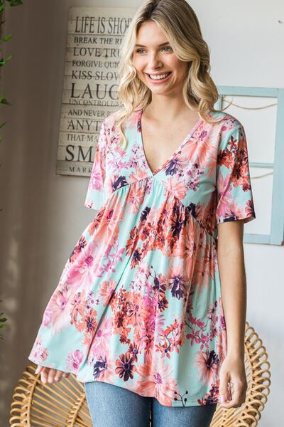 Heimish Floral V-Neck Short Sleeve Babydoll Blouse