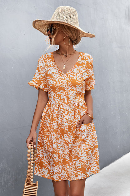 Printed Button Down Pocketed Dress
