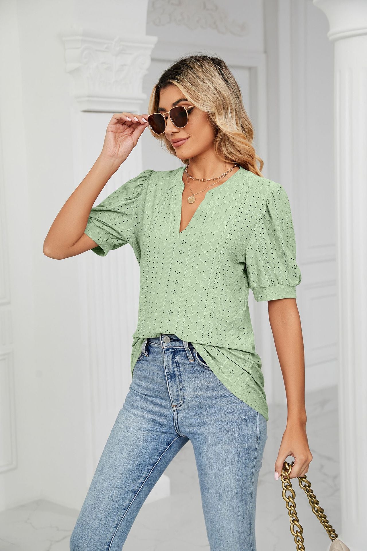 Eyelet Short Puff Sleeve Notched Neck Top